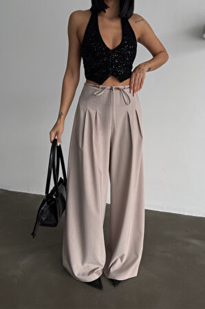 JANES TASARIM SALAŞ  PANTOLON BEL İP DETAYLI - Bej