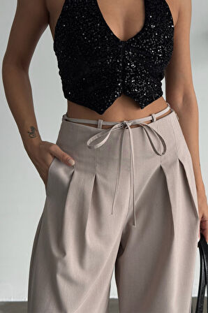 JANES TASARIM SALAŞ  PANTOLON BEL İP DETAYLI - Bej