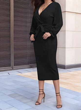 JANES Kadın Uzun Kollu Kruvaze Yaka Belden Kuşaklı Midi Ithal Krep Elbise