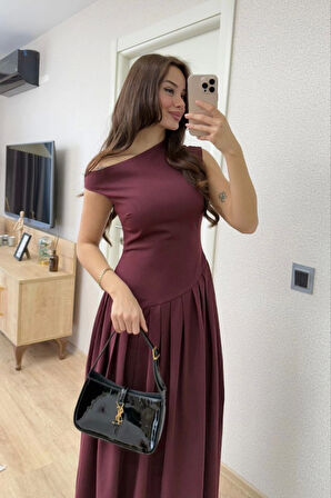 JANES Asimetrik Düşük Yaka Kolsuz Uzun Elbise - Bordo