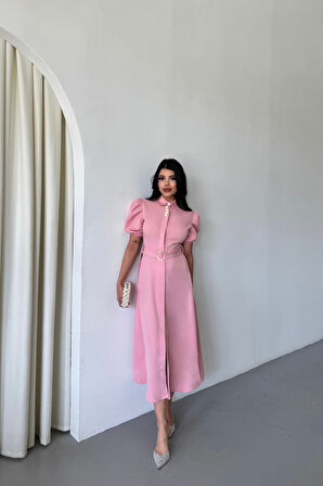 JANES YAKA DÜĞME DETAYLI ELBİSE- Pembe