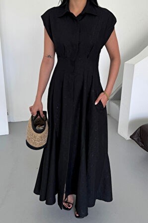 JANES JAKARLI KETEN ELBİSE ÖNDEN YIRTMAÇLI CEPLİ - Siyah