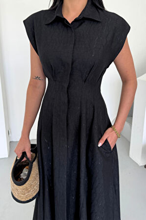 JANES JAKARLI KETEN ELBİSE ÖNDEN YIRTMAÇLI CEPLİ - Siyah