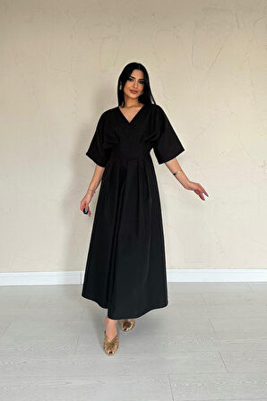JANES Siyah Pileli Uzun Elbise