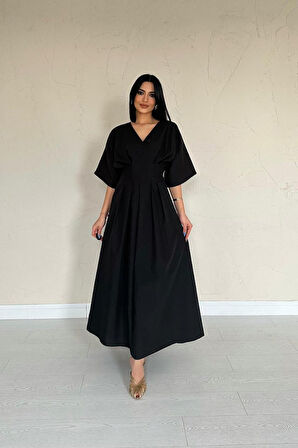 JANES Siyah Pileli Uzun Elbise