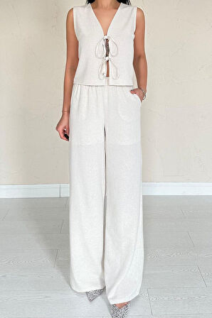 JANES Bej Önü Fiyonklu Keten Takım