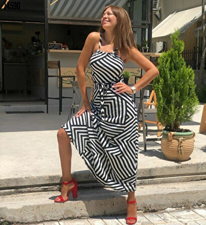 JANES Kadın Ayarlanabilir Askılı Geometrik Desen Kuşaklı Gipeli Süprem Elbise