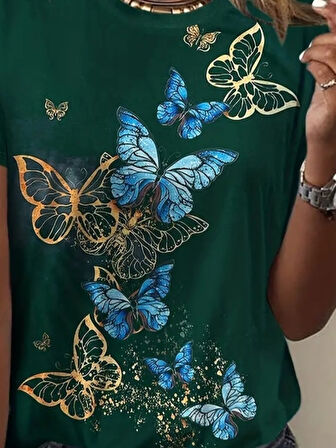 JANES Kadın Kısa Kollu Mavi Sarı Kelebek Baskı Süprem Bluz