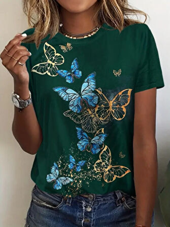 JANES Kadın Kısa Kollu Mavi Sarı Kelebek Baskı Süprem Bluz