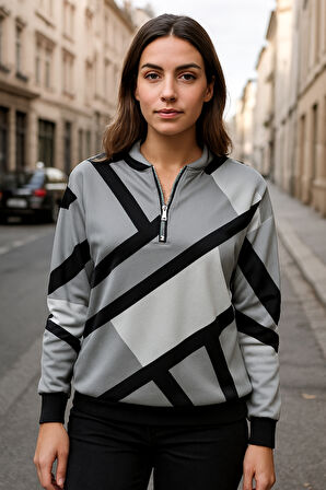 JANES Kadın Uzun Kollu Yuvarlak Yaka Fermuarlı Desenli şardonlu Bluz