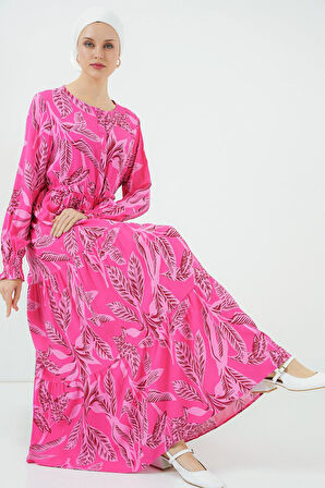 JANES 2145 Desenli Tesettür Elbise - Fuşya