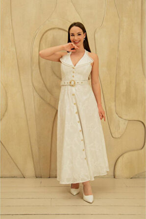 JANES Beyaz İnci Kemer Detaylı Dantelli Elbise