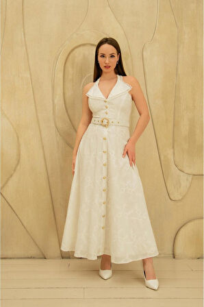 JANES Beyaz İnci Kemer Detaylı Dantelli Elbise