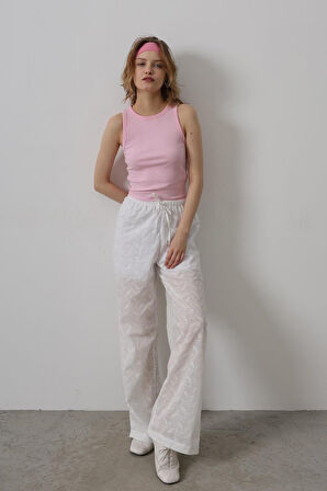 JANES Beli Bağlamalı Brode Pantolon - Beyaz