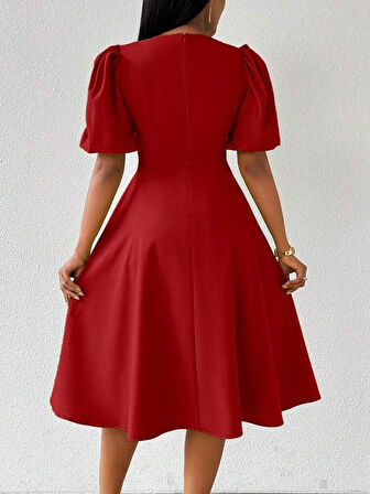 JANES Kadın Kısa Balon Kollu Bisiklet Yaka Kiloş Janjan Krep Elbise