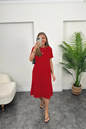 JANES Kadın Kısa Kollu Yırtmaç Detaylı Salaş Viskon Elbise
