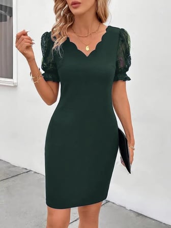 JANES Kadın Kısa Kollu Dantelli V Yakalı Yanlardan Büzgülü çapraz Detaylı Ithal Krep Elbise