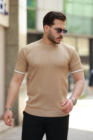 JANES Erkek Bisiklet Yaka çizgi Desenli Ribanalı Kısa Kollu Tshirt