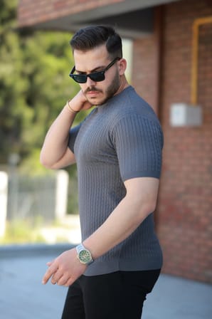 JANES Erkek Bisiklet Yaka örgü Desenli Kısa örme Triko Kısa Kollu T-shirt