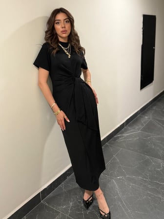 JANES Kadın Kısa Kollu Bisiklet Yaka Yandan Bağlamalı Viskon Iki Iplik Elbise