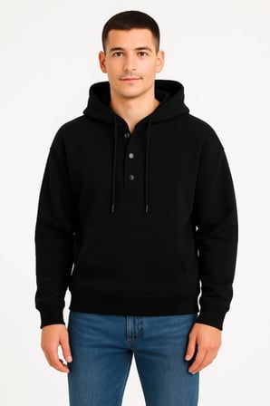 JANES Erkek Ovarsize Kapüşonlu Swetshirt Kanguru Çepli Cıtcıtlı 3 Iplik Şardonlu Hoodie - Siyah