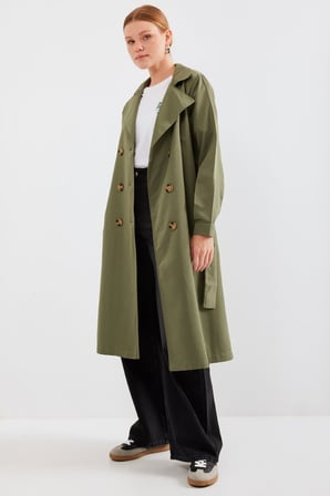 JANES 5853 Kruvaze Yaka Trençkot - Haki