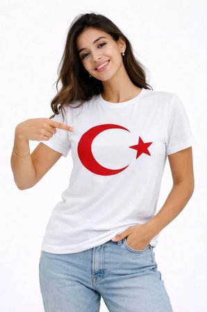 JANES T-Shirt Kısa Kol Bisiklet Yaka Ay Yıldız Bayrak Baskılı Tişört - Beyaz