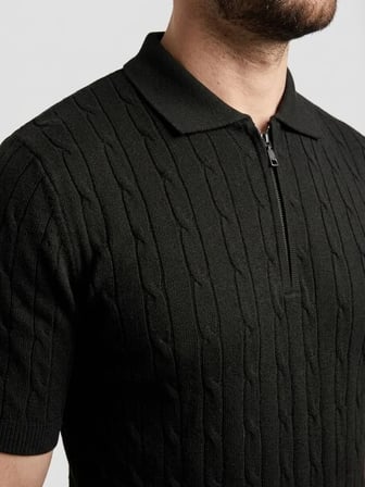 JANES Erkek Yazlık Triko Saç Örgü Tişört Kısa Kol Polo Yaka Fermuarlı T-Shirt - Siyah
