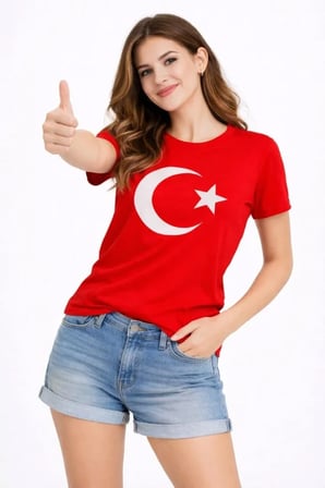 JANES T-Shirt Kısa Kol Bisiklet Yaka Ay Yıldız Bayrak Baskılı Tişört - Kırmızı