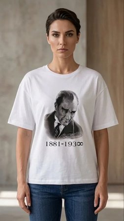 JANES Atatürk Baskılı Tişört Kısa Kollu Bisiklet Yaka T-Shirt - Beyaz