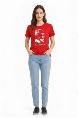 JANES Atatürk Baskılı Tişört Kısa Kollu Bisiklet Yaka  T-Shirt - Kırmızı