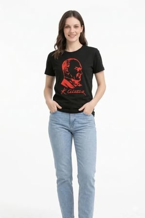 JANES Atatürk Baskılı Tişört Kısa Kollu Bisiklet Yaka  T-Shirt - Siyah