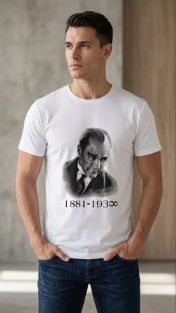 JANES Erkek Atatürk Baskılı Tişört Kısa Kollu Bisiklet Yaka  T-Shirt - Beyaz