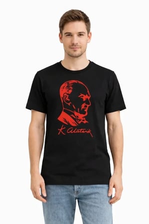 JANES Erkek Atatürk Baskılı Tişört Kısa Kollu Bisiklet Yaka T-Shirt - Siyah