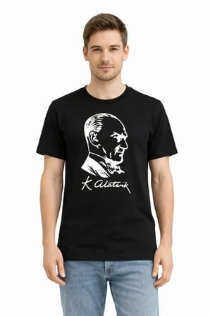 JANES Erkek Atatürk Baskılı Tişört Kısa Kollu Bisiklet Yaka T-Shirt - Siyah