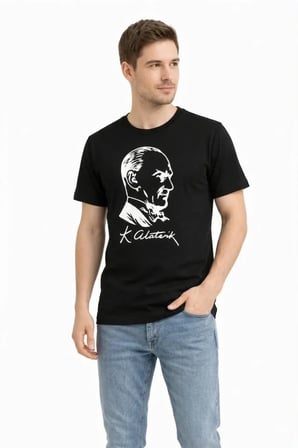 JANES Erkek Atatürk Baskılı Tişört Kısa Kollu Bisiklet Yaka T-Shirt - Siyah