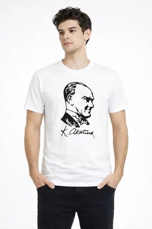 JANES Erkek Atatürk Baskılı Tişört Kısa Kollu Bisiklet Yaka T-Shirt - Beyaz