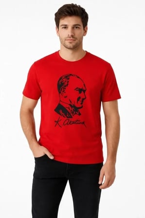 JANES Erkek Atatürk Baskılı Tişört Kısa Kollu Bisiklet Yaka T-Shirt - Kırmızı