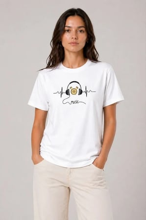 JANES Müzik Temalı Baskılı Tişört Bisiklet Yaka Kısa Kol T-Shirt - Beyaz