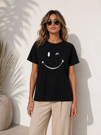 JANES Minimal Gülümseyen Yüz Baskılı Tişört Kısa Kol Yazlık T-Shirt - Siyah