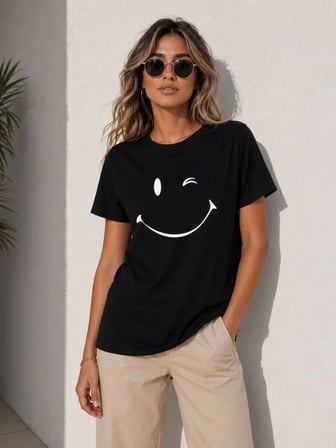 JANES Minimal Gülümseyen Yüz Baskılı Tişört Kısa Kol Yazlık T-Shirt - Siyah