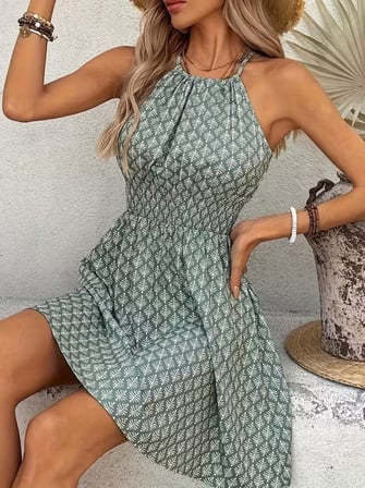 JANES Kadın Omuzlardan Açık Boyun Arkasından Bağcıklı Beli Lastikli Kısa Süprem Elbise