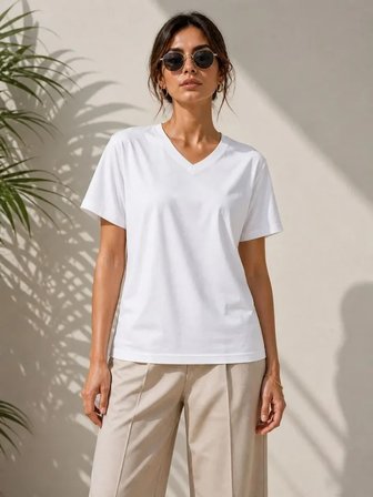 JANES V Yaka Basic Tişört Kısa Kol Yazlık Regular Fit T-Shirt - Beyaz