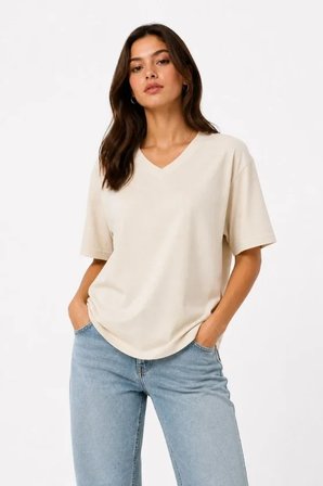 JANES V Yaka Basic Tişört Kısa Kol Yazlık Regular Fit T-Shirt - Bej