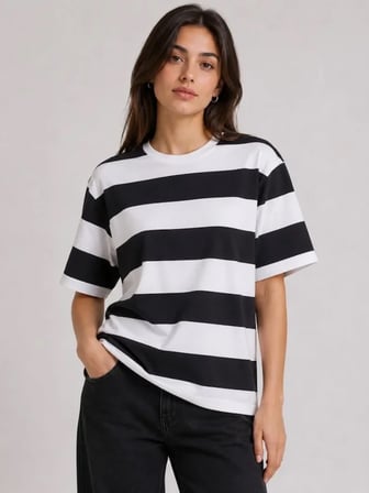 JANES Çizgili Oversize Tişört Bisiklet Yaka Kısa Kol Yazlık T-Shirt - Siyah