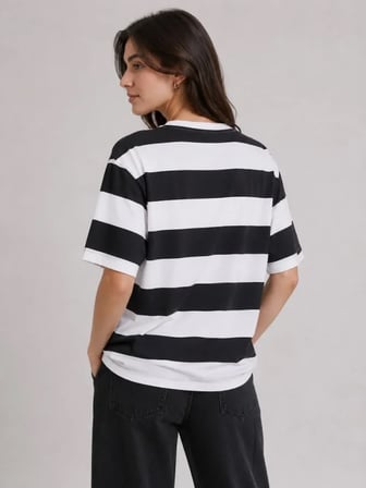 JANES Çizgili Oversize Tişört Bisiklet Yaka Kısa Kol Yazlık T-Shirt - Siyah