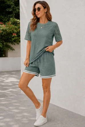 JANES Kadın Kısa Kollu Bisiklet Yakalı Waffle Bluz Ve Short Ikili Takım