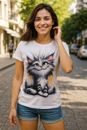 JANES Kadın Kısa Kollu Bisiklet Yaka Kedi Baskılı Süprem Bluz