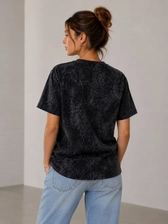 JANES Yıkamalı Washed Effect Tişört Bisiklet Yaka Sokak Stil Kısa Kol T-Shirt - Siyah