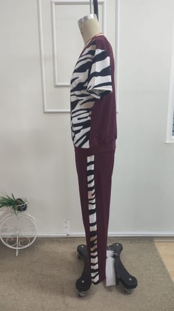 JANES Kadın Kısa Kollu Bisiklet Yaka Zebra Desen Bluz Ve Pantolon Ikili Takım